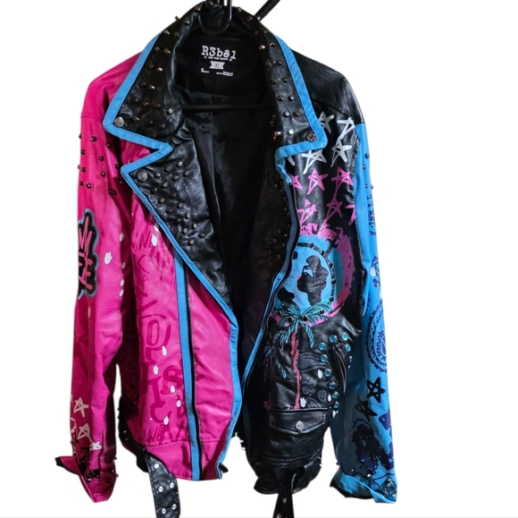 Rebel Stylish Women's Pink and Blue Leather Jacket XL - Picture 8 of 9